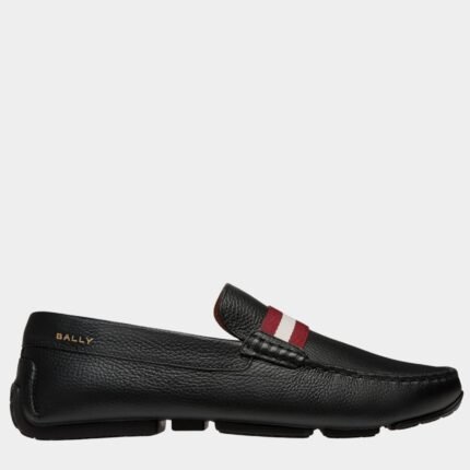 Mocassin Bally homme Pilot Driver en cuir de veau noir rouge blanc avec détails rayés