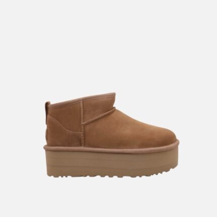 Bottines UGG Ultra Mini plateforme marron chestnut en cuir suède pour femme