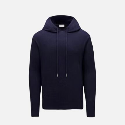 Sweat Moncler homme bleu encre laine cachemire avec capuche et logo brodé authentique